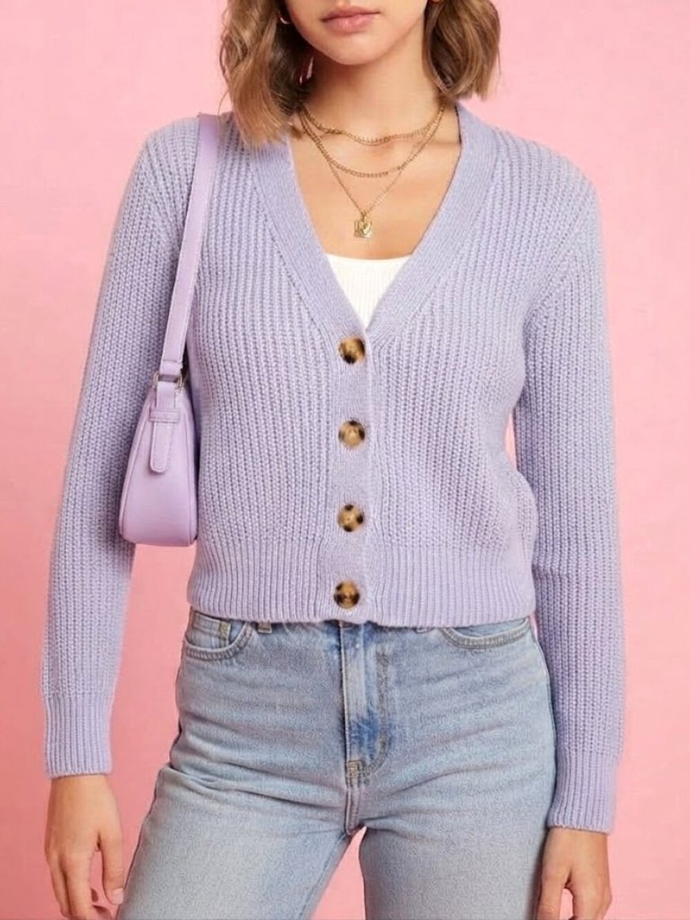 Lavender Knit Cropped Button-Up Cardigan
